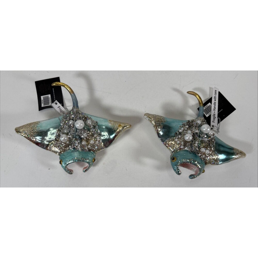 Robert Stanley Glass Manta Ray Christmas Ornaments Set of 2 Jeweled Beaded NWT